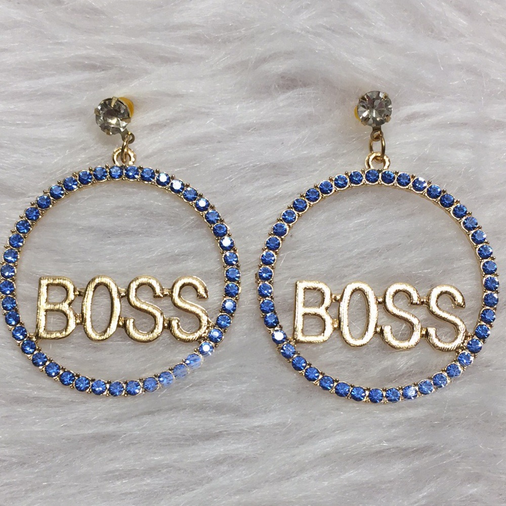🌹Sassy Blue Rhinestone Hoop Boss Earrings